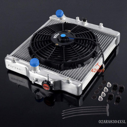 2 Row 42mm Aluminum Racing Radiator Stop Leak + 12'' Radiator Cooling Fan Compatible For HONDA EG EK CIVIC/DEL SOL INTEGRA B16A/B18C 1992-2000