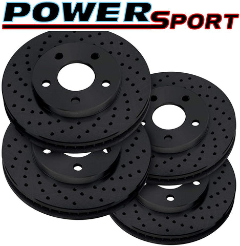 Fit 2004-2009 Nissan Quest Front Rear PowerSport Black Drilled Brake Rotors Kit