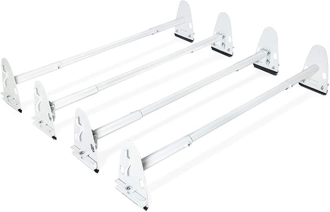 AA-Racks Model X37 Heavy Duty Rain Gutter Van Roof Rack Round Four Bar Set Steel Matte White