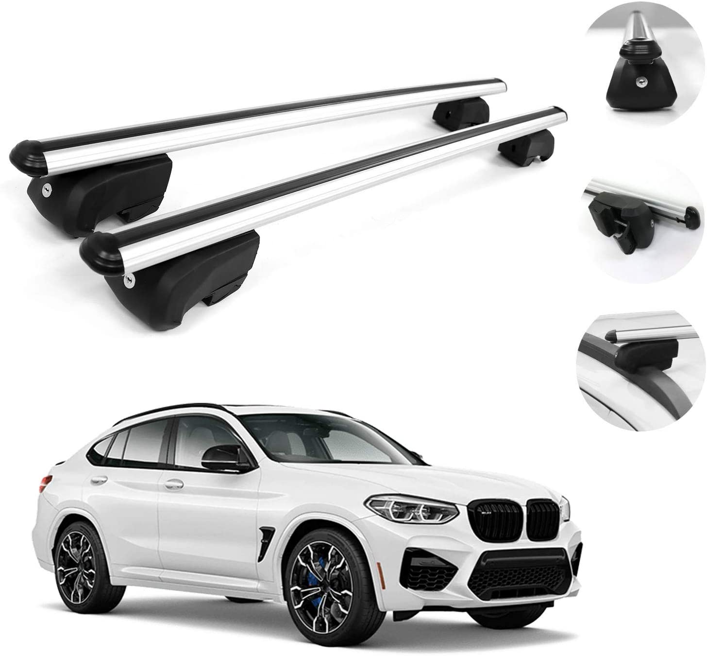 OMAC Automotive Exterior Accessories Roof Rack Crossbars | Aluminum Silver Roof Top Cargo Racks | Luggage Ski Kayak Bike Carriers Set 2 Pcs | Fits BMW X4 2019-2021