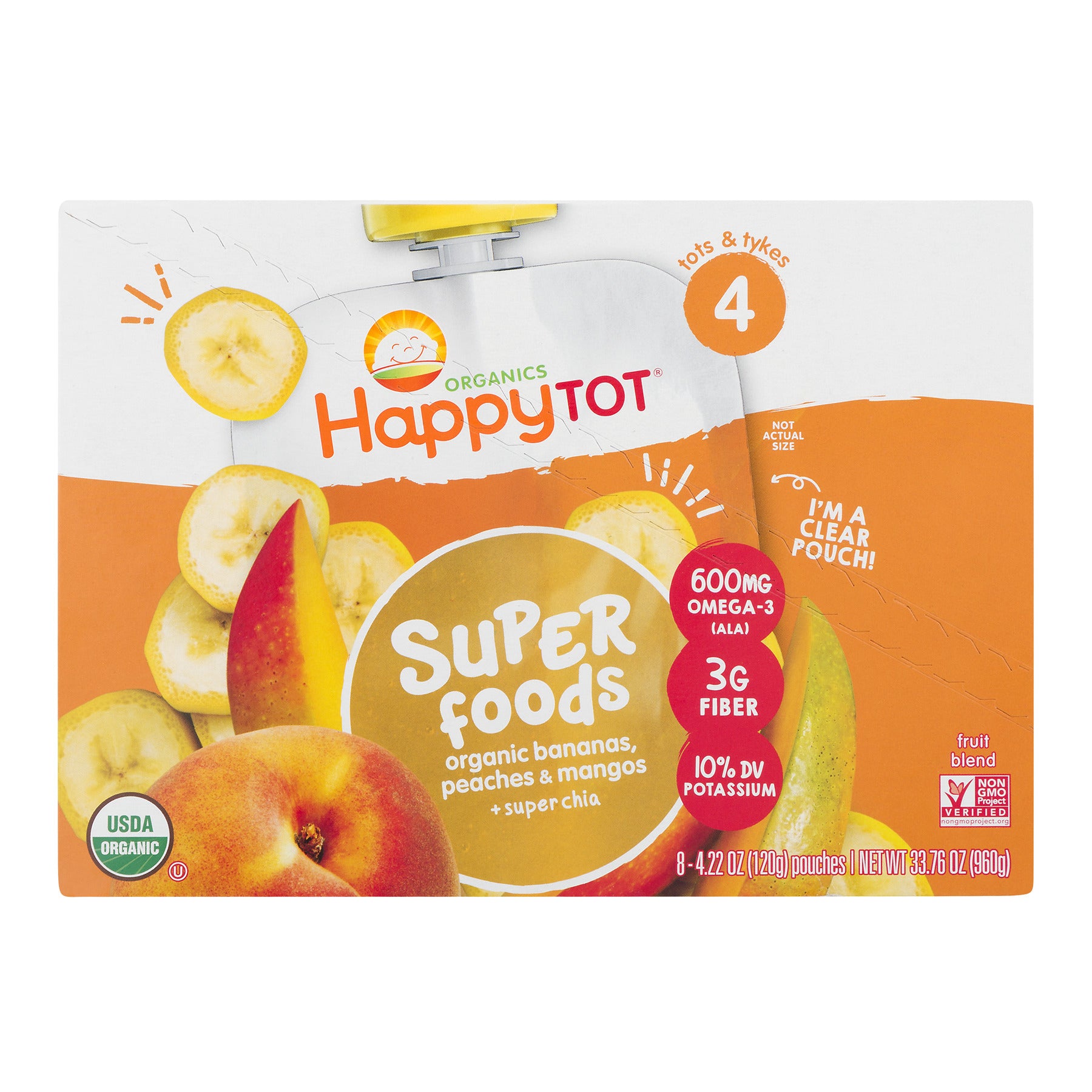 (8 Pouches) Happy Tot Super Foods Pouches Organic Bananas, Peaches & Mangos + Super Chia, 4.22 OZ