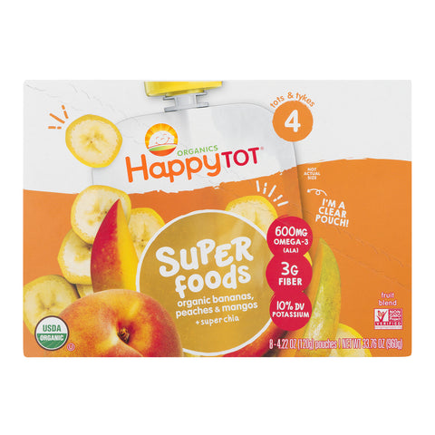 (8 Pouches) Happy Tot Super Foods Pouches Organic Bananas, Peaches & Mangos + Super Chia, 4.22 OZ