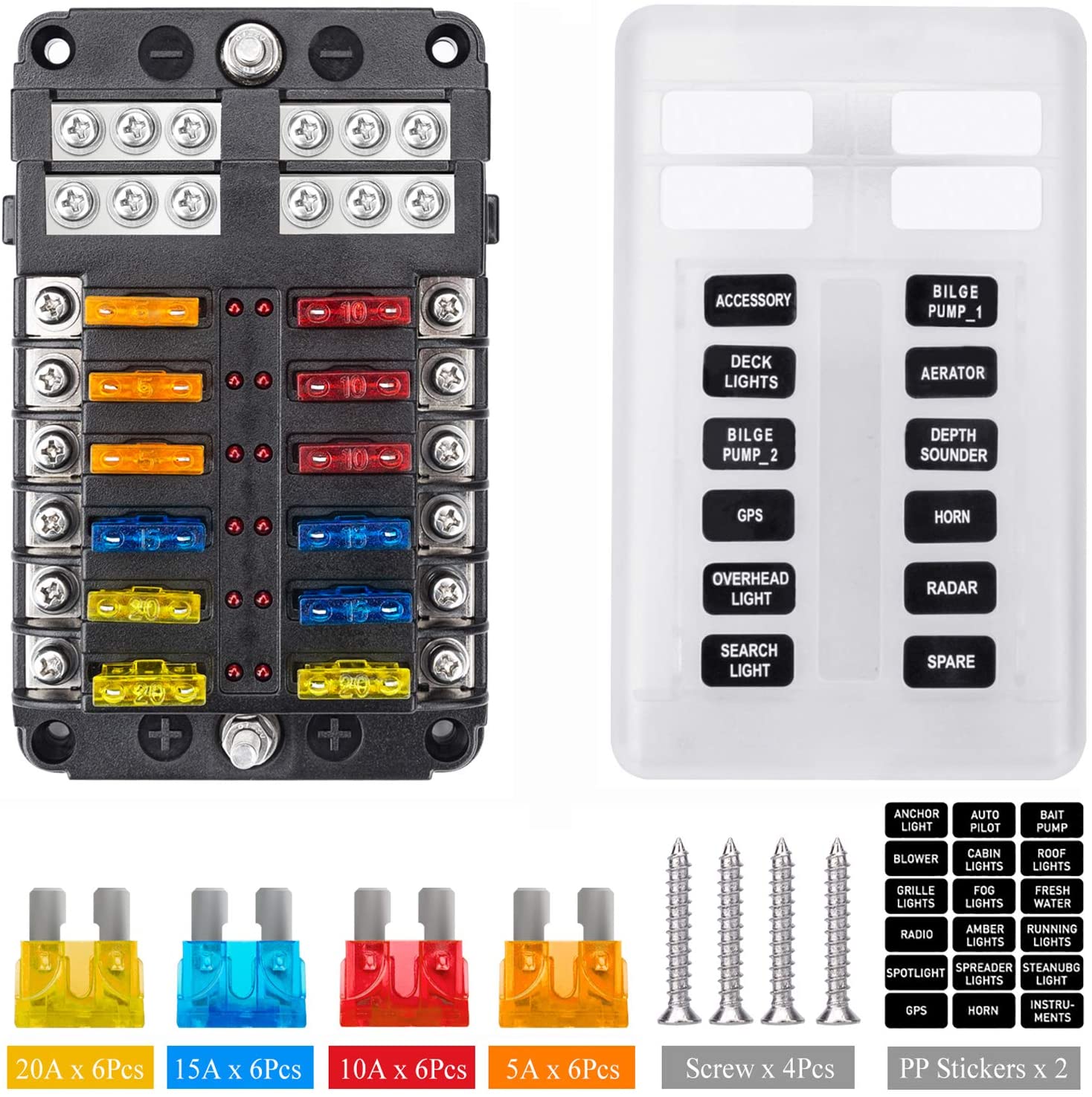 Extractme 12 Way Blade Fuse Block with Negative Bus, 12 Circuits Fuse Box Holder with LED Indicator Damp-Proof Protection Cover and Label Sticker for 12V/24V Auto Car Truck Boat Marine and Yacht