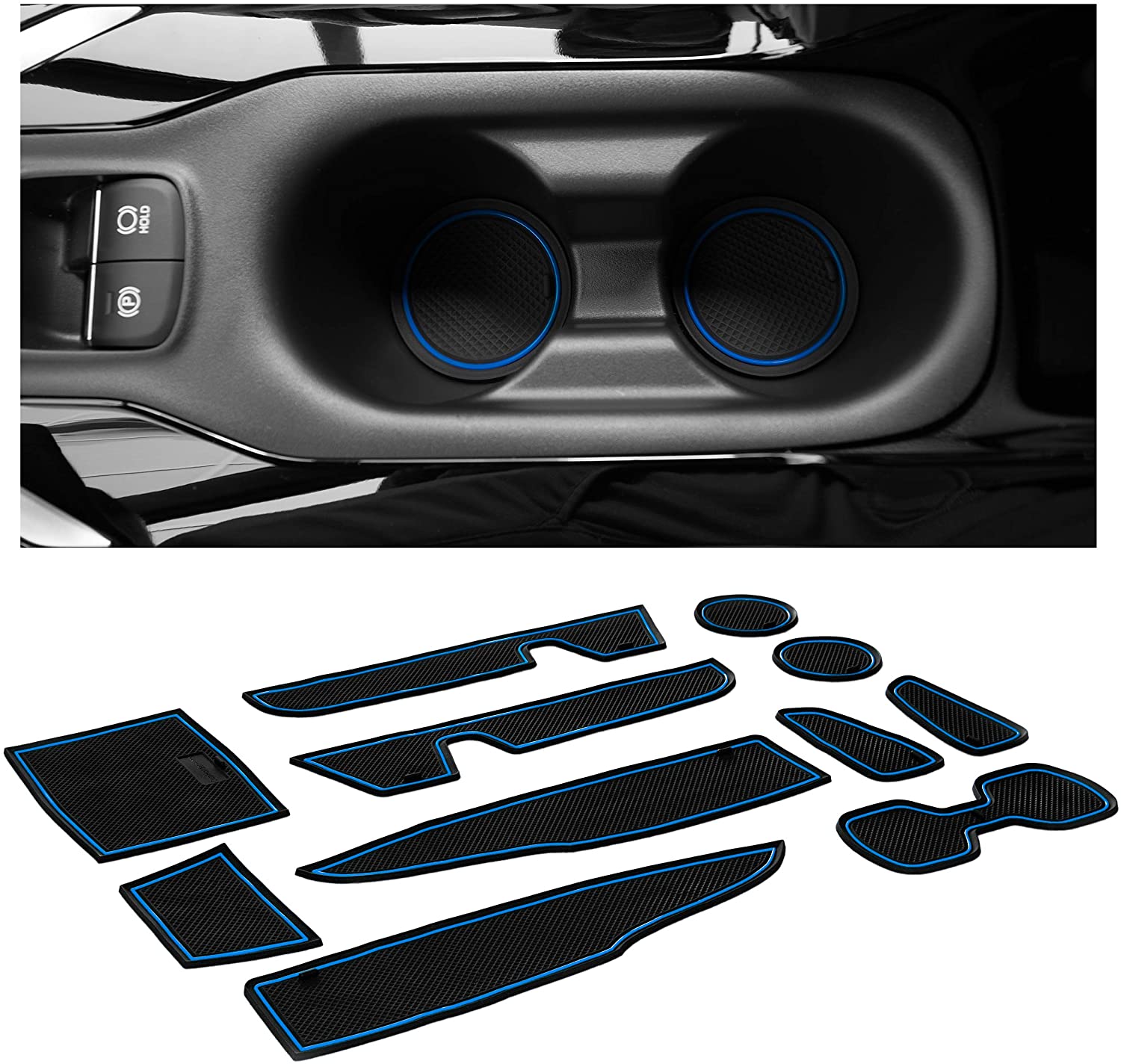 CupHolderHero for Toyota Corolla 2020 Custom Liner Accessories – Premium Cup Holder, Console, and Door Pocket Inserts 11-pc Set (Sedan) (Blue Trim)