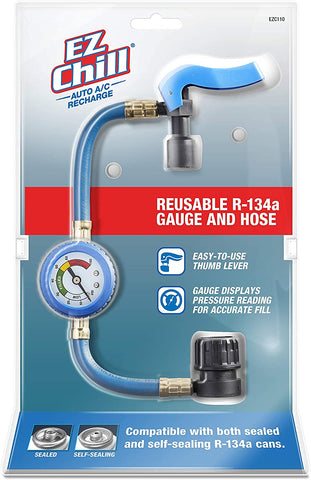 InterDynamics EZ Chill Car Air Conditioner R134A Refrigerant Gauge and Hose, Reusable AC Recharge Kit, EZC110-4