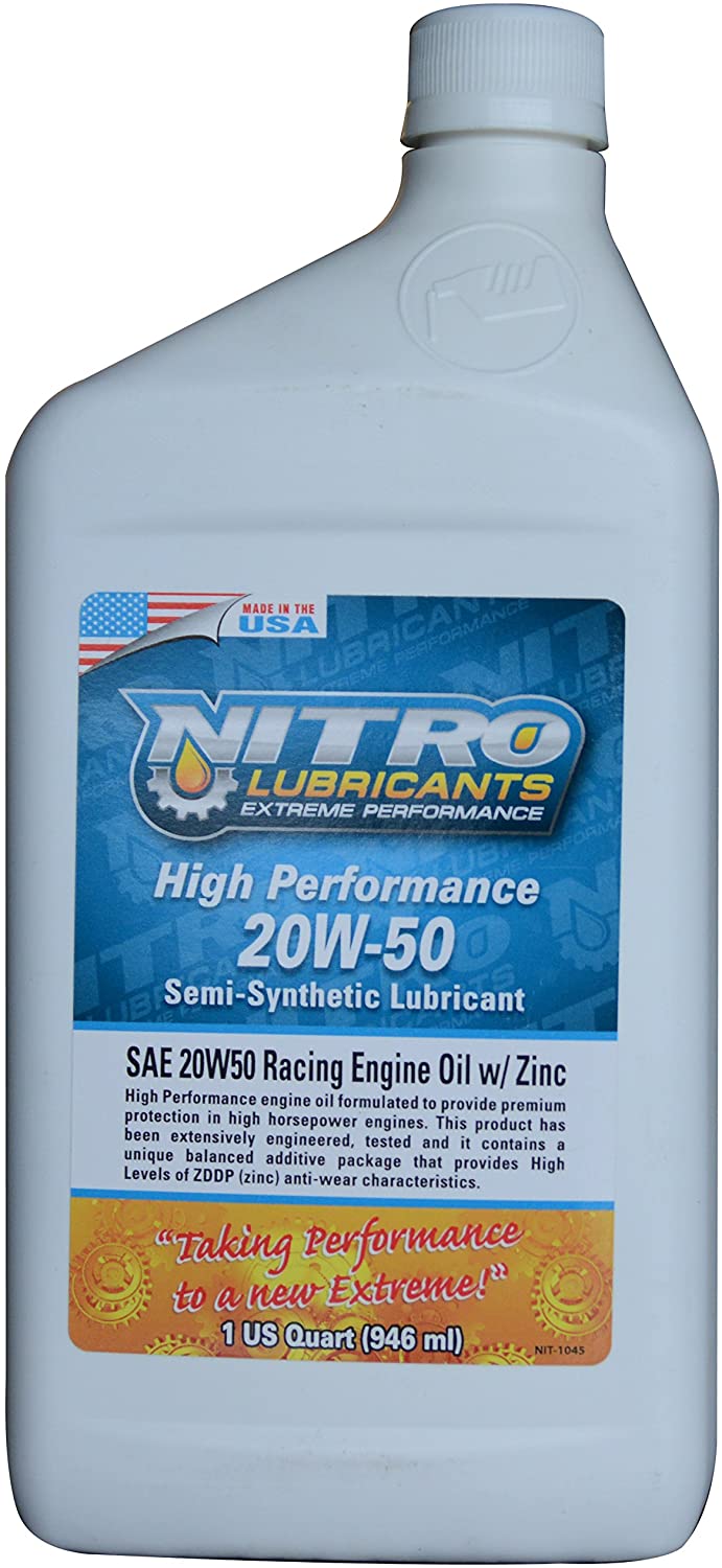 Nitro Lubricants 20W-50 High Performance Racing Motor Oil - Heavy Duty, Semi Synthetic Engine Oil - Race Motor Oil High in Zinc - for Engines Requiring 20W 50 Motor Oil - Ford, Chevy, Toyota, Etc.