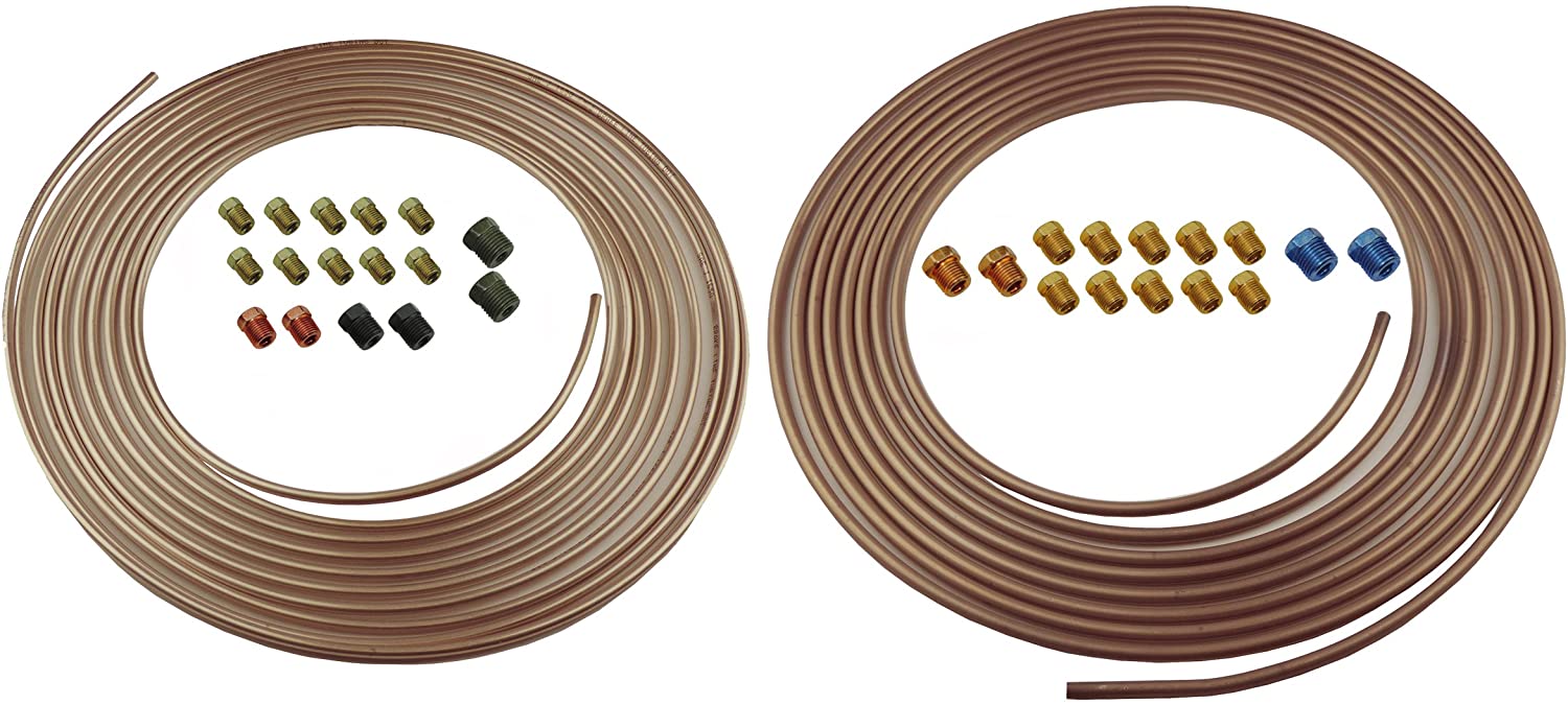 Copper Nickel Brake Line Tubing Kit 3/16 and 1/4 25 Ft Coil Rolls With Fittings (L-5-4 + L-5-5 + L-3-2 + L-3-2)