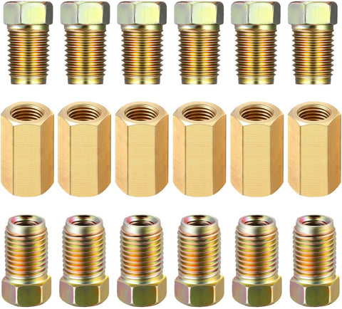 18 Pieces 3/8 Inch-24 Threads Brake Line Fittings Assortment for 3/16 Inch Tube, Includes 6 Pieces Unions, 12 Pieces Nuts
