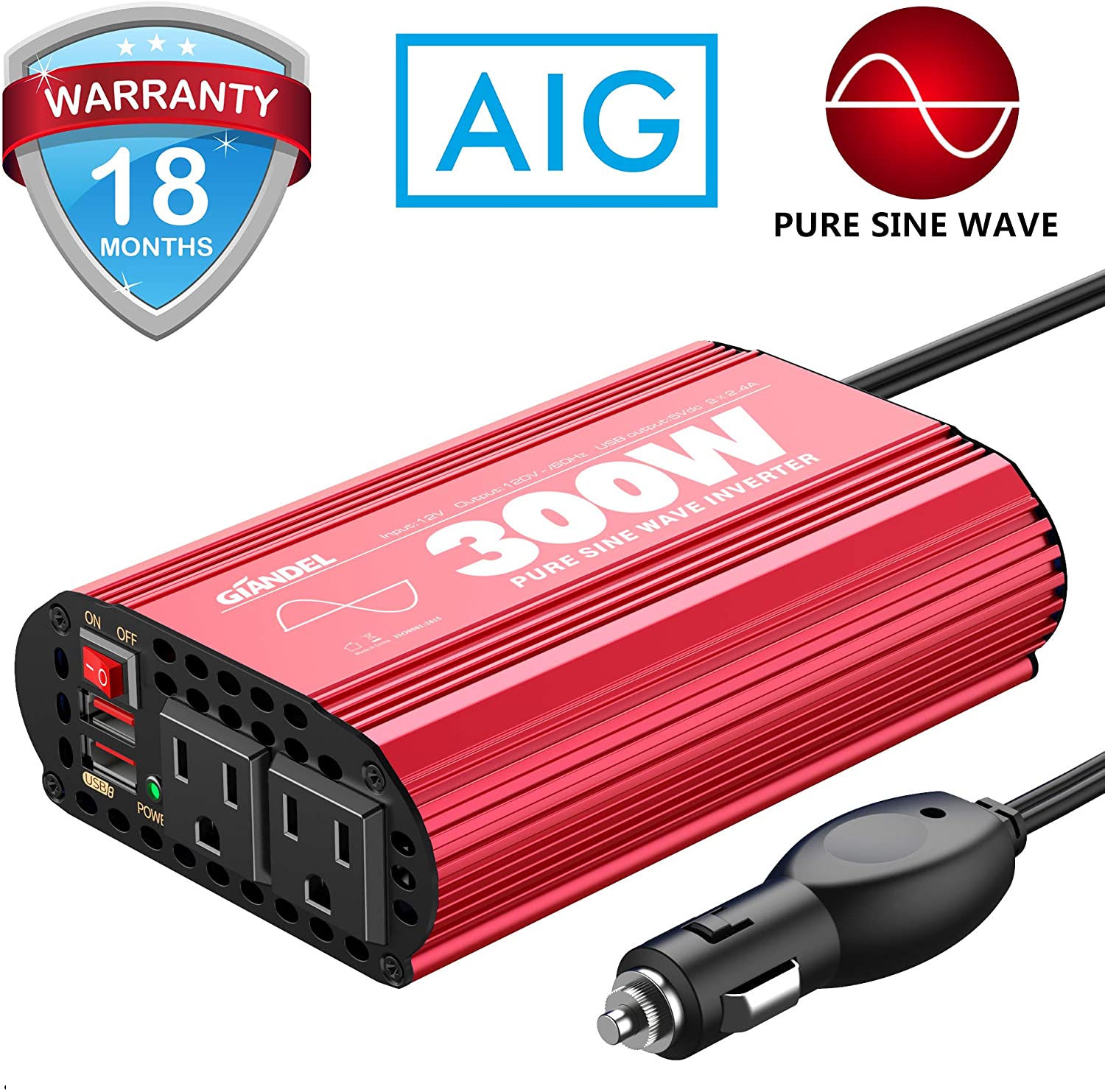 300Watt Pure Sine Wave Power Inverter DV 12volt to AC 120volt Car Converter Adapter with Dual USB Ports for Smartphones Laptops Tablets CPAP