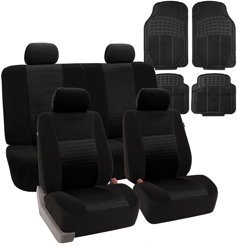 FH-FB060102 Trendy Elegance Car Seat Cover, Airbag & Split Ready w. FH3022 Silicone Steering Wheel Cover, Gray/Black Color - Fit Most Car, Truck, SUV, or Van