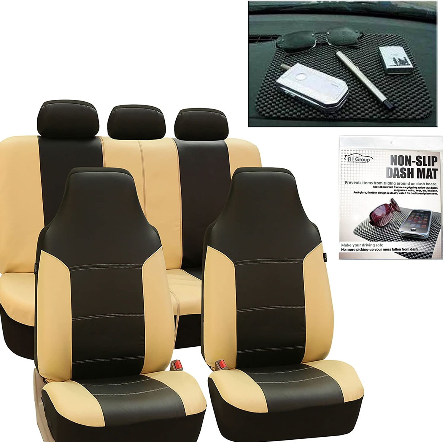 FH Group FH-PU103115 High Back Royal PU Leather Beige/Black Car Seat Covers Airbag Compatible & Split FH1002 Non-Slip Dash Grip Pad-Fit Most Car, Truck, SUV, or Van