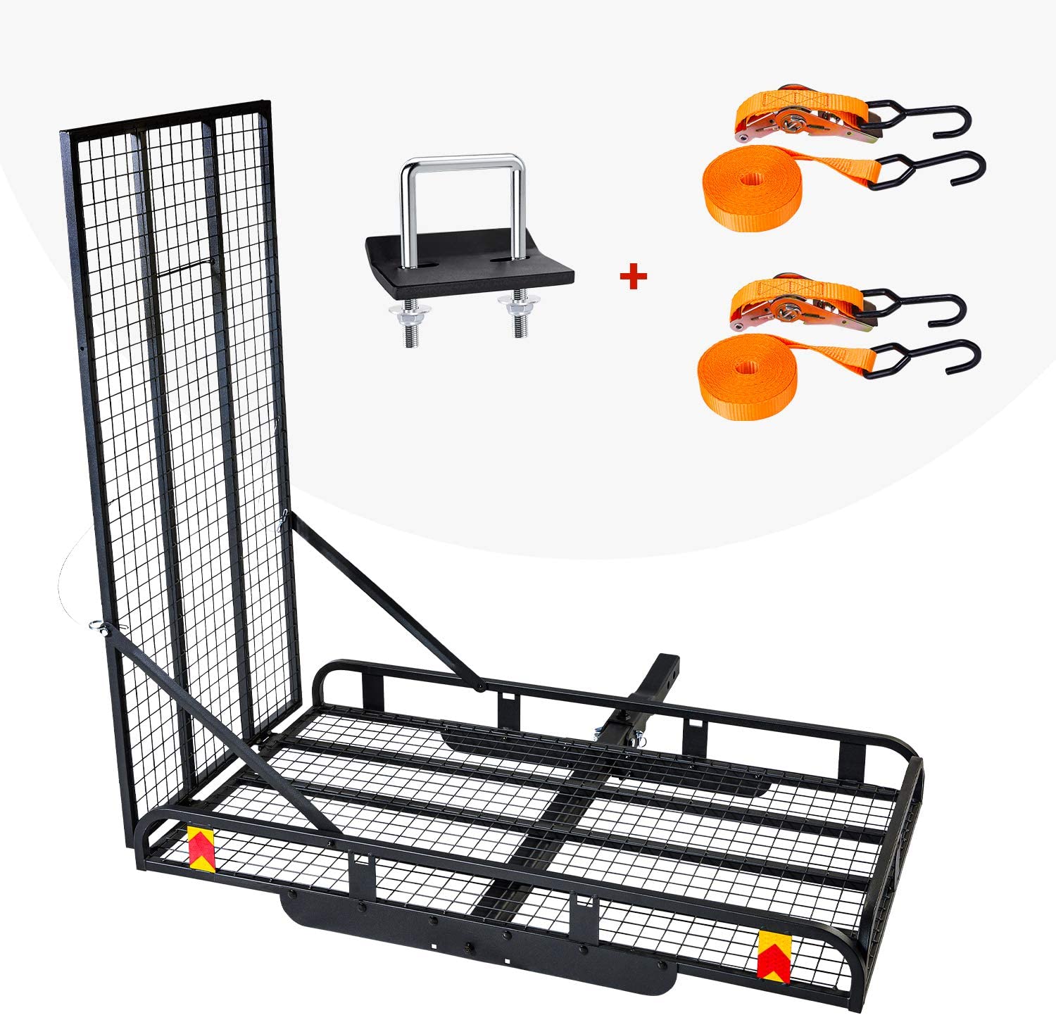AA Products Hitch Mount Steel Cargo Carrier Basket with 49'' Folding Wheelchair Ramp, Fits 2'' Trailer Mounted Hitches