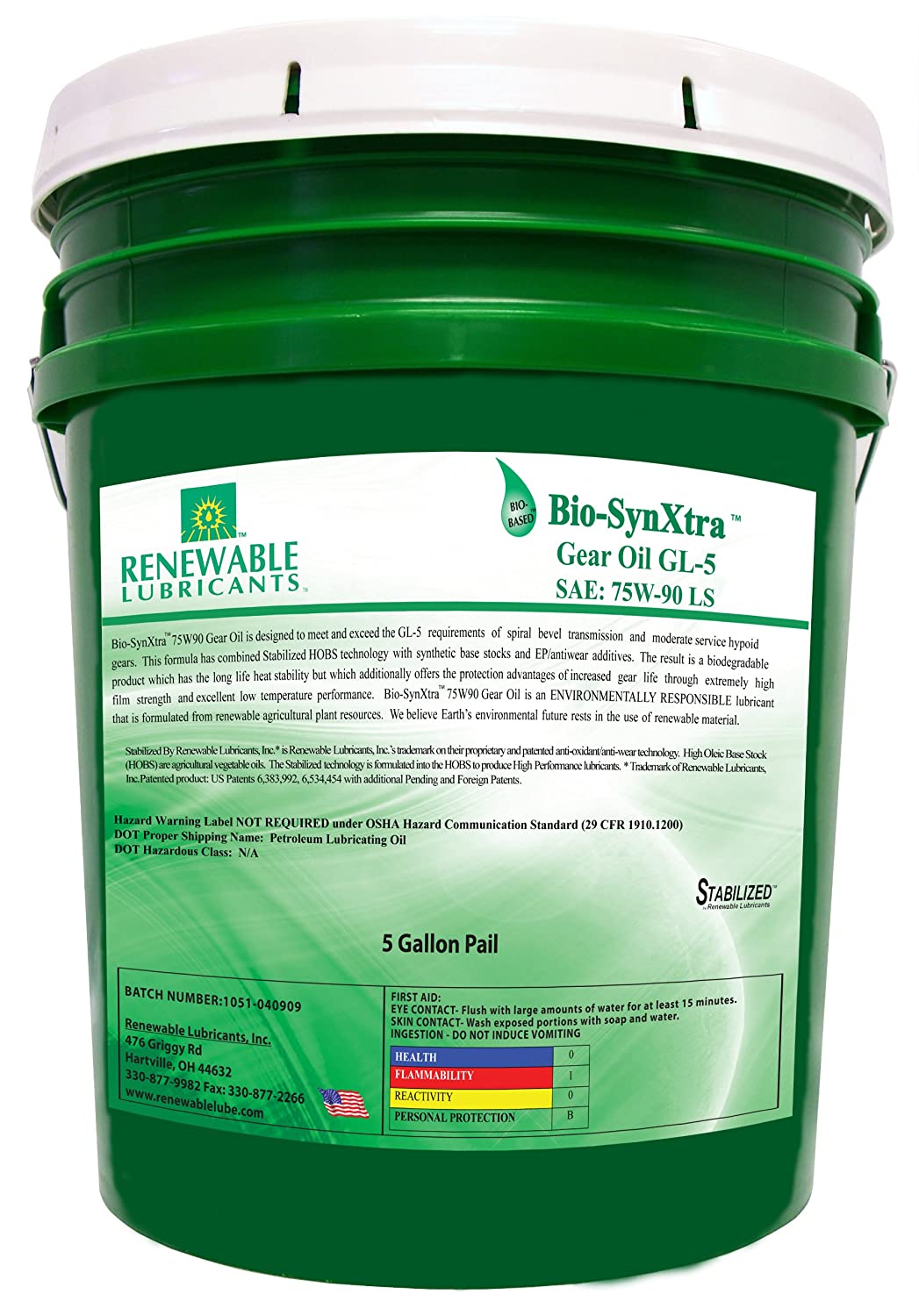 Renewable Lubricants Bio-SynXtra GL-5 LS Gear Lubricant, 5 Gallon Pail