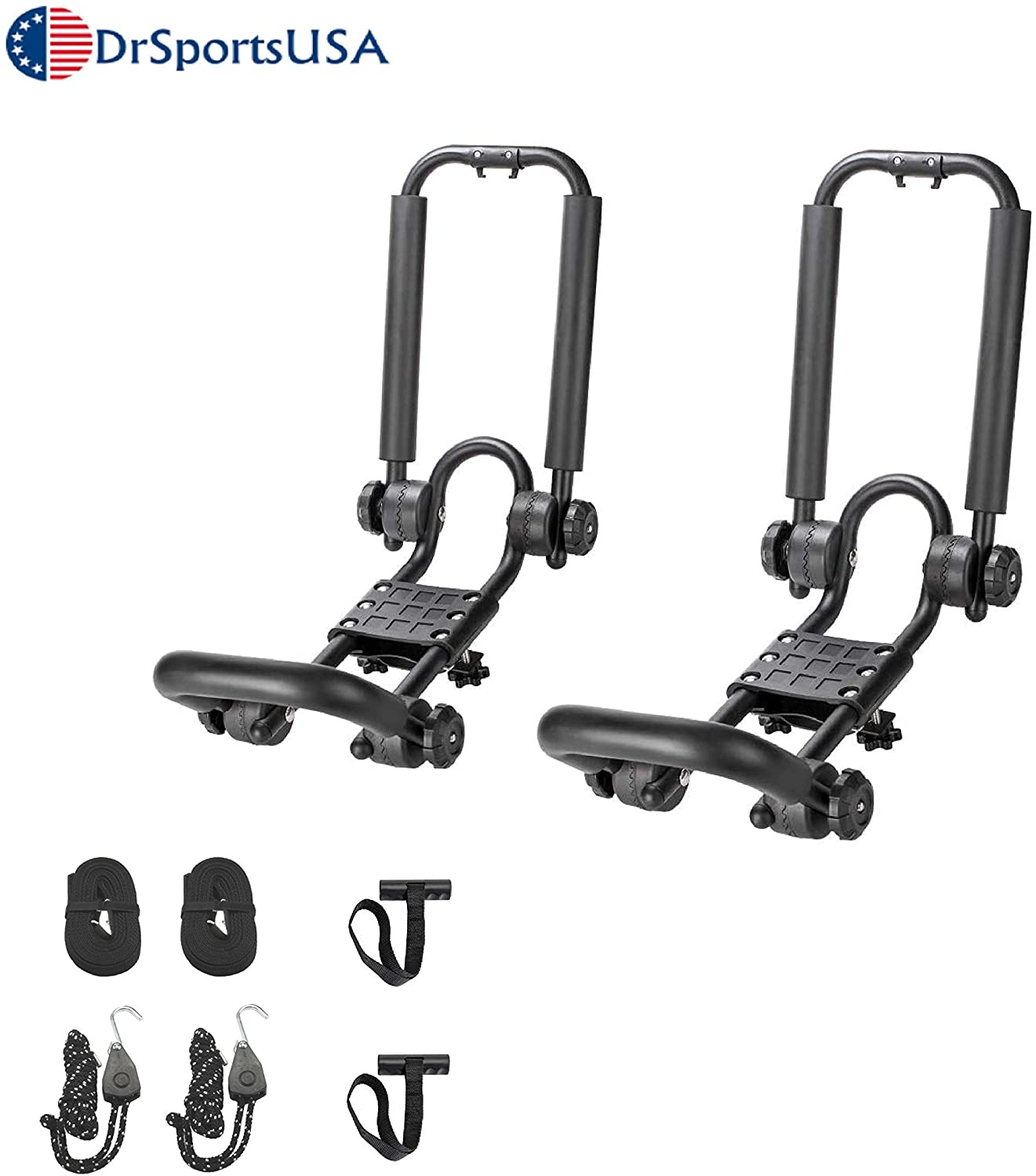 DrSportsUSA One Pair Fold Down J Bar Kayak Rack Designed mounts to virtually All crossbars and Load Bars Double Folding J Bar Car Roof Carrier for Kayak Canoe Surf Board and SUP Paddle Boat (1 Pair)