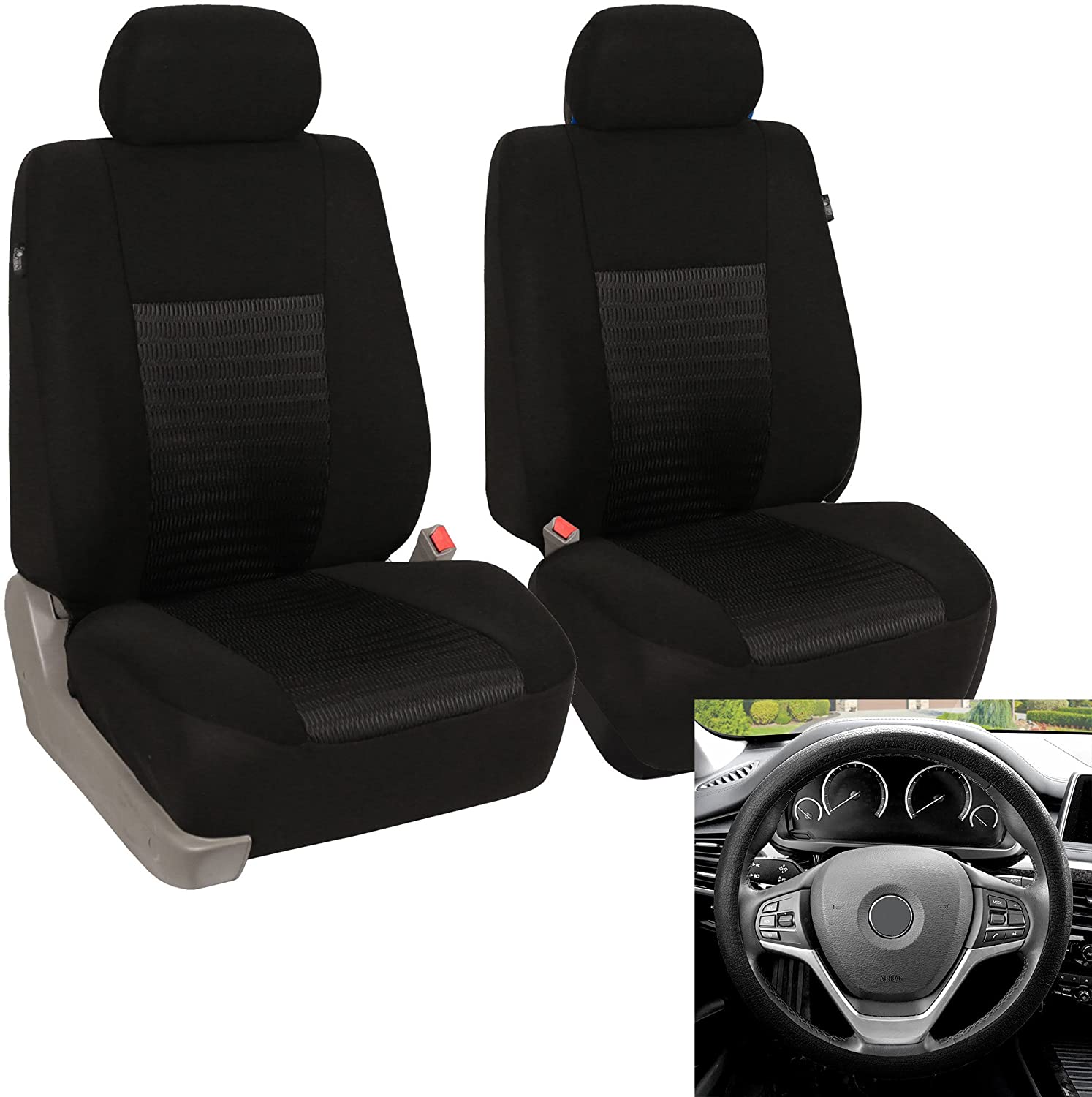 FH Group - FB060102 Trendy Elegance Car Seat Cover, s, Airbag & Split Ready w. FH3001 Silicone Steering Wheel Cover, Solid Black Color - Fit Most Car, Truck, SUV, or Van