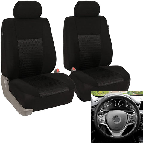 FH Group - FB060102 Trendy Elegance Car Seat Cover, s, Airbag & Split Ready w. FH3001 Silicone Steering Wheel Cover, Solid Black Color - Fit Most Car, Truck, SUV, or Van