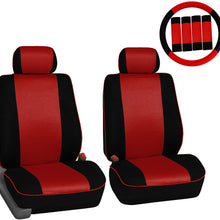FH Group FH-FB063102 Pair Set Sports Fabric Car Seat Covers Solid Black, Airbag Compatible and Split Bench W. FH2033 Steering Wheel Cover and Seat Belt Pads- Fit Most Car, Truck, SUV, or Van