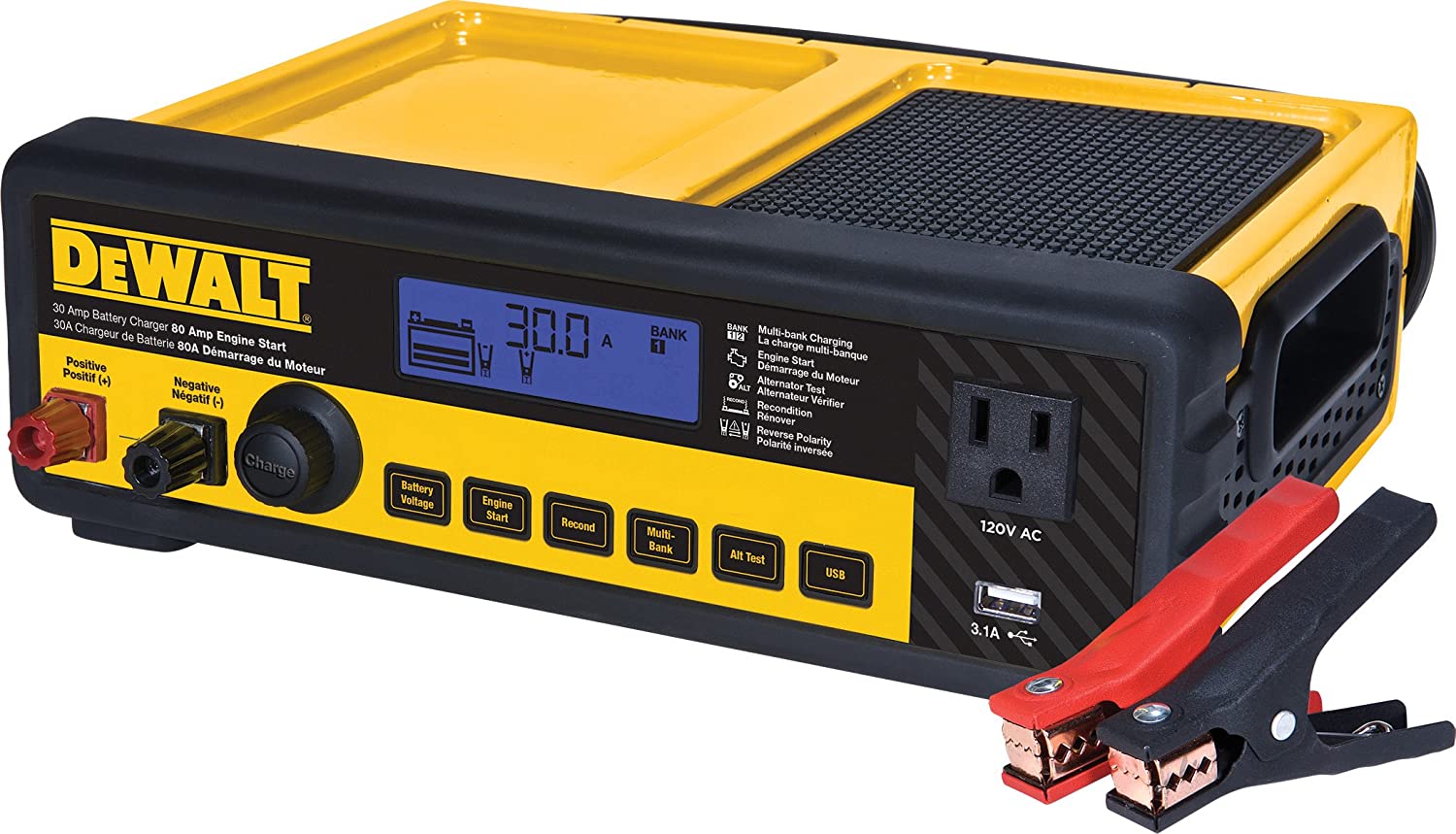DEWALT DXAEC80 30 Amp Bench Battery Charger: 80 Amp Engine Start, 2 Amp Maintainer, 120V AC Outlet, 3.1A USB Port, Battery Clamps