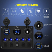 Nilight 90101E 5Gang Multi-Function 5 Gang Rocker Dual USB Charger + Digital Volmeter +12V Outlet Pre-Wired Switch Panel with Circuit Breakers for RV Car Boat Truck Trailer,2 Years Warranty