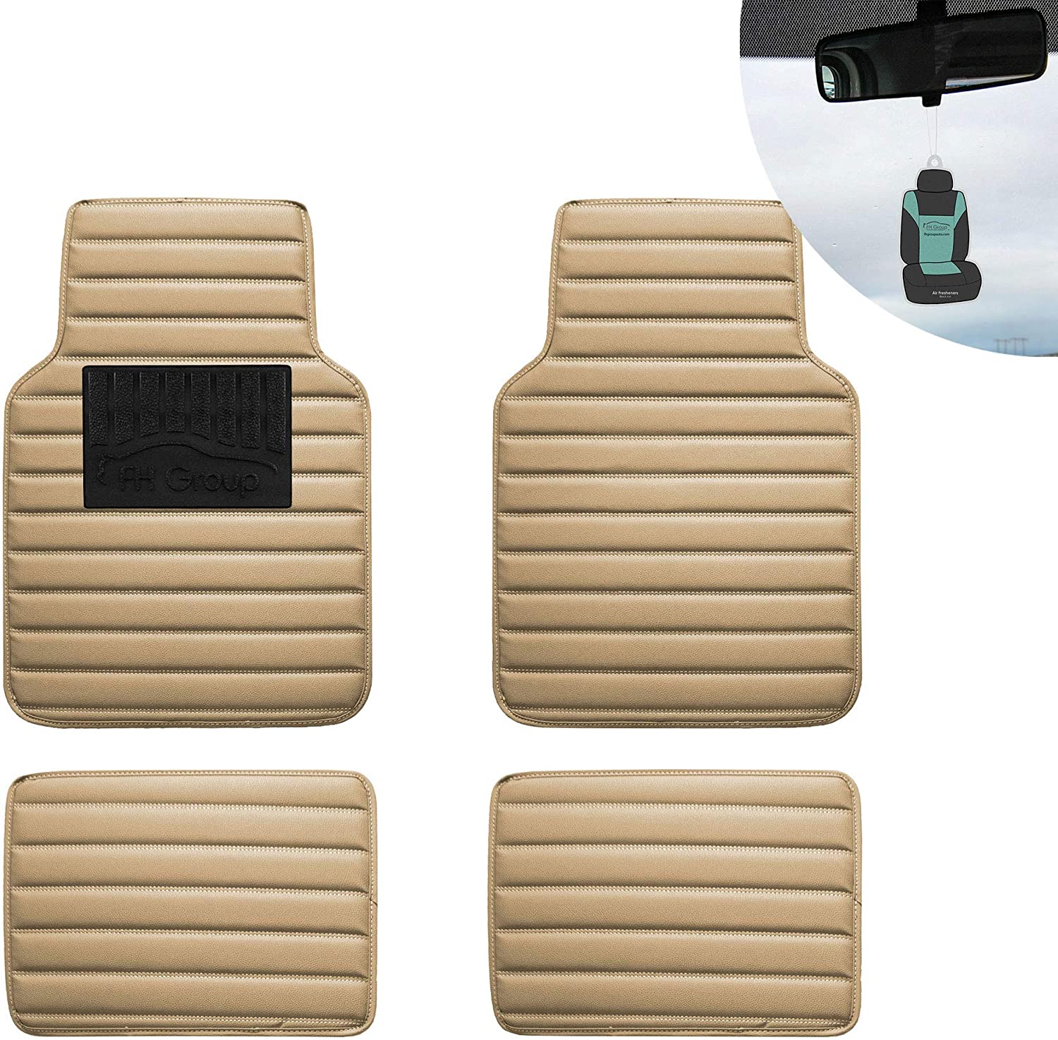 FH Group 12001 Luxury All-Season Heavy Duty Faux Leather Car Floor Mats Stripe Design w. High Tech 3-D Anti-Skid/Slip Backing, Brown Color w. Gift-Universal fit for Cars, auto, Trucks, SUV