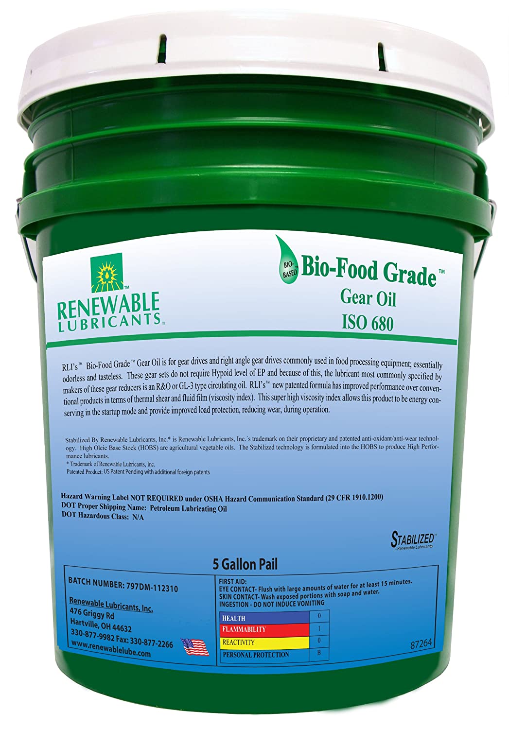 Renewable Lubricants Bio-Food Grade ISO 680 Gear Oil, 5 Gallon Pail