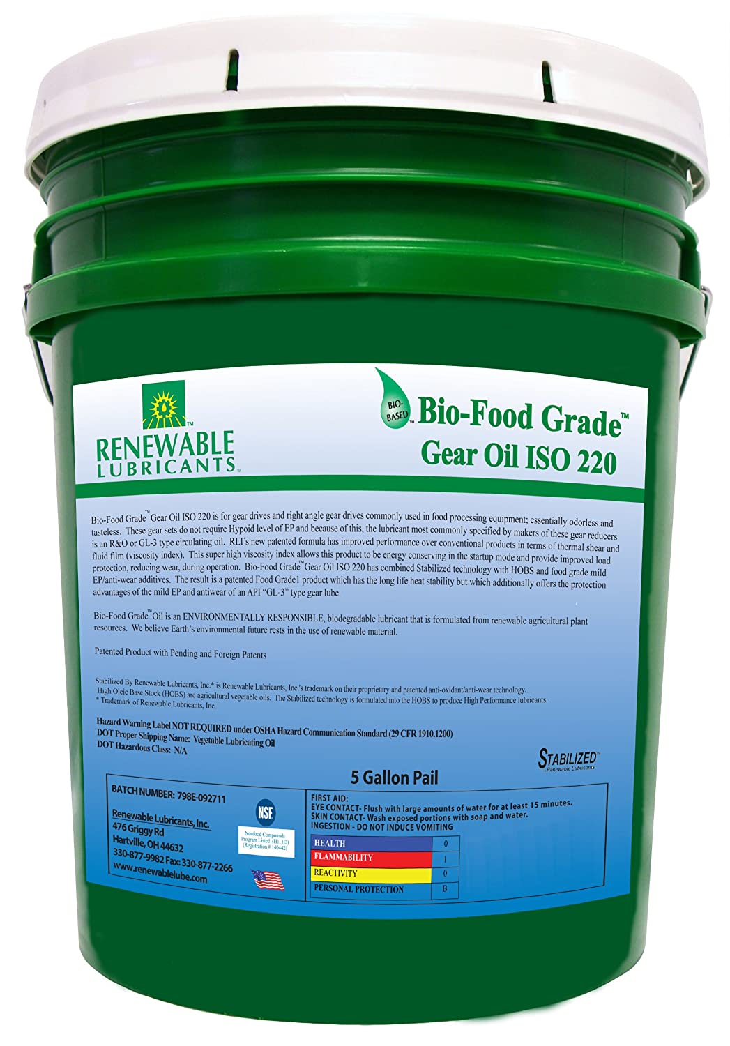 Renewable Lubricants Bio-Food Grade ISO 220 Gear Oil, 5 Gallon Pail