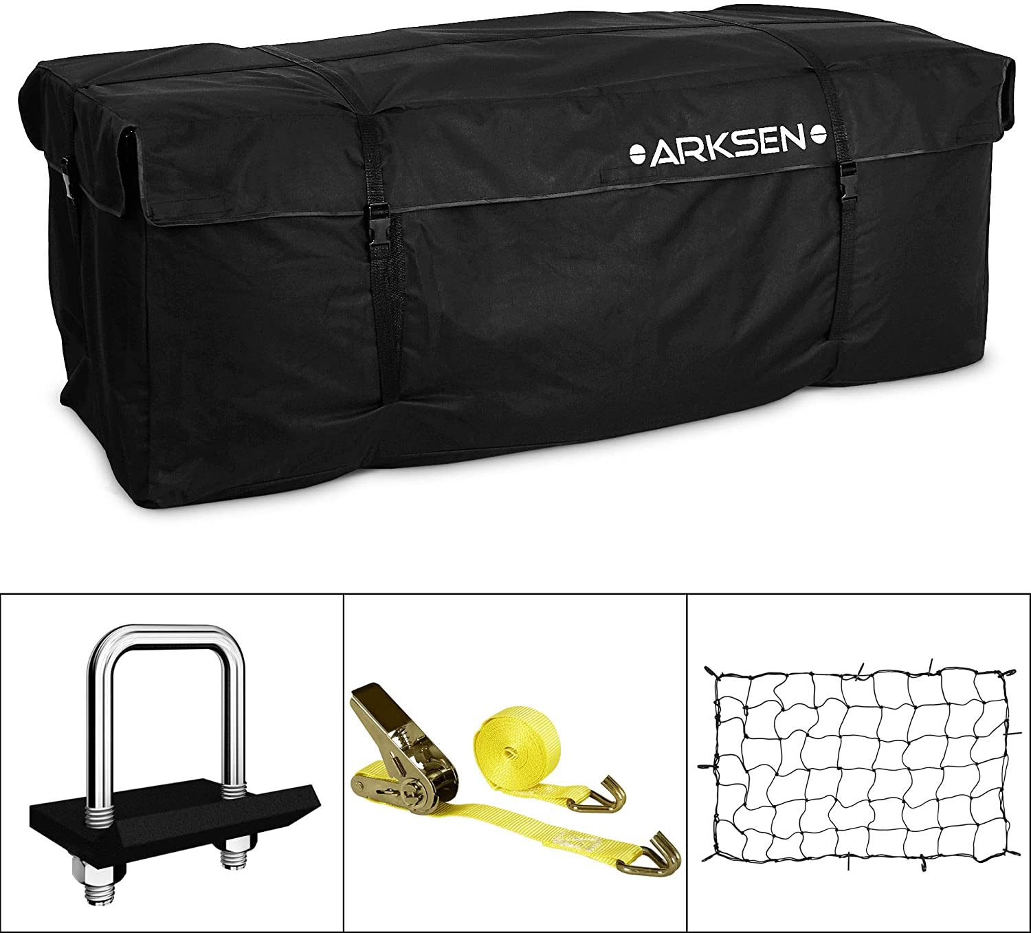 ARKSEN Water Proof Cargo Bag, Cargo Net, Heavy Duty 304 Stainless Steel Hitch Tightener Anti-Rattle Stabilizer, 16FT Ratchet Lashing Straps Combo Set