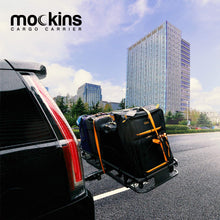 Mockins Steel Cargo Basket | 60" L X 20" W X 6" H Hitch Mount Cargo Carrier with Cargo Bag and Net | with a Hauling Weight of 500 lbs & a Folding Arm to Preserve Space When Not in Use