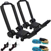 Premium Folding Kayak Rack J-Bar Car Roof Rack for Canoe Carrier SUP Paddle Surfboard Mount on Car SUV and Truck Crossbar, Includes 2 pcs 10Ft S-Hook Rated Ratchet Pulleys Straps Ratchet Strap(1 Pair