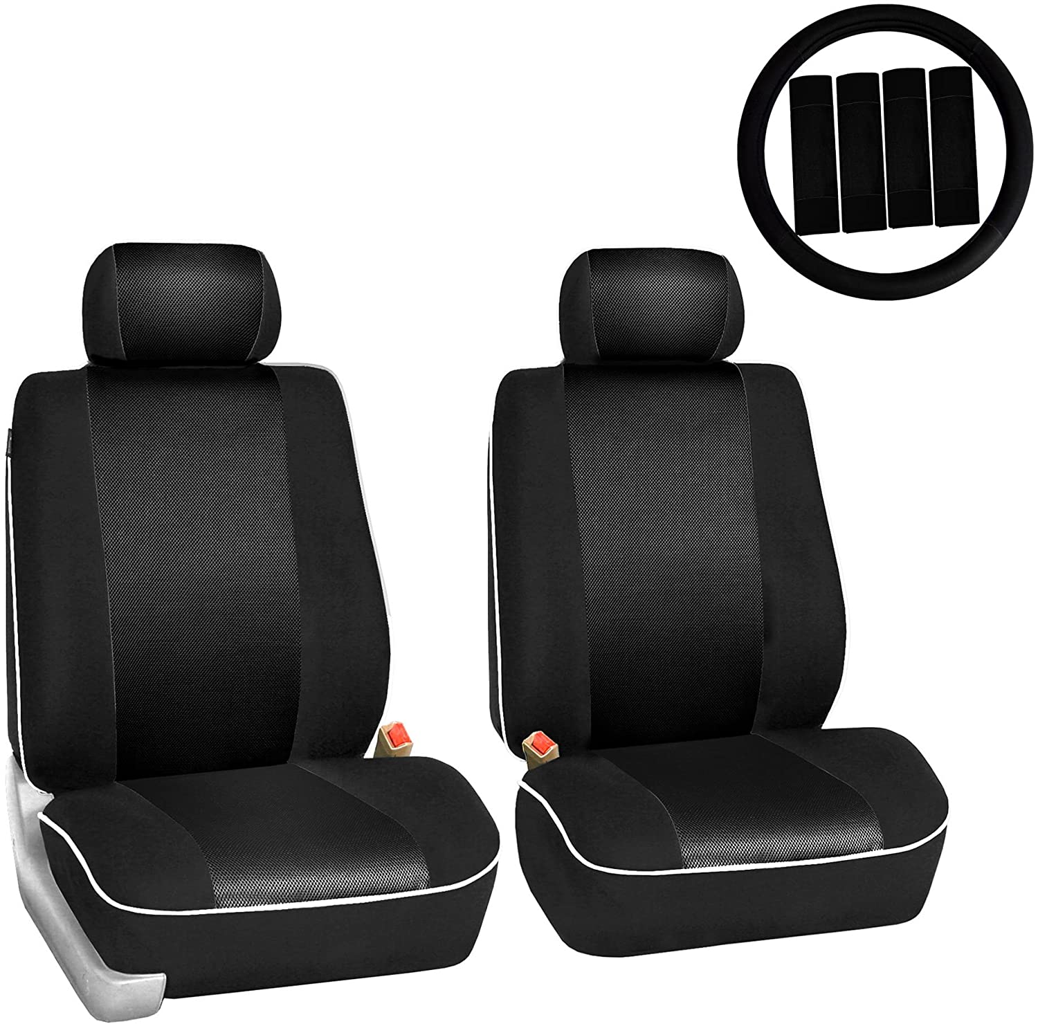 FH Group FH-FB063102 Pair Set Sports Fabric Car Seat Covers Solid Black, Airbag Compatible and Split Bench W. FH2033 Steering Wheel Cover and Seat Belt Pads- Fit Most Car, Truck, SUV, or Van