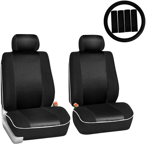 FH Group FH-FB063102 Pair Set Sports Fabric Car Seat Covers Solid Black, Airbag Compatible and Split Bench W. FH2033 Steering Wheel Cover and Seat Belt Pads- Fit Most Car, Truck, SUV, or Van
