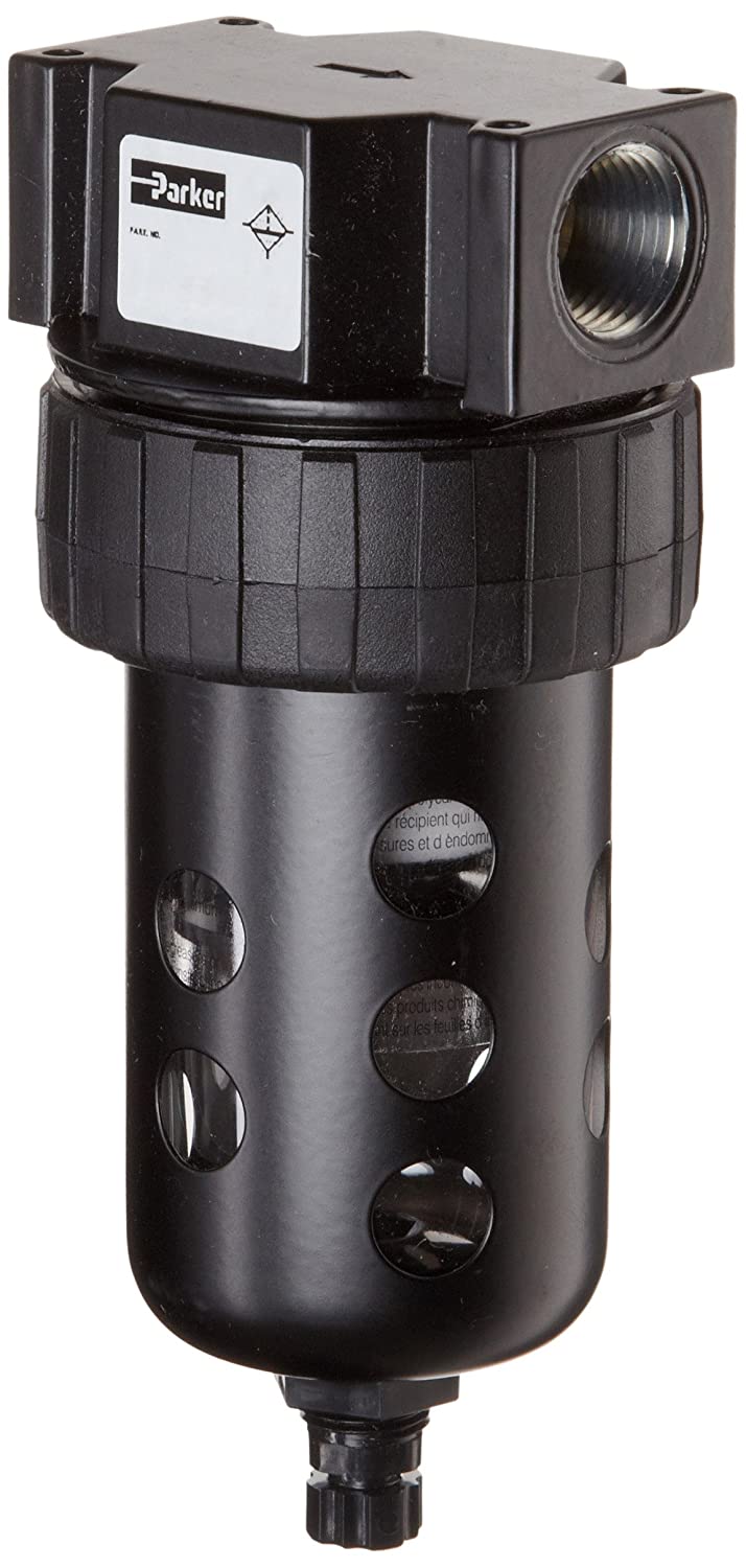 Parker 06F32AC Compressed Air Filter, Removes Particulate, Polycarbonate Bowl with Metal Bowl Guard, Manual Drain, 40 Micron, 85 scfm, 1/2