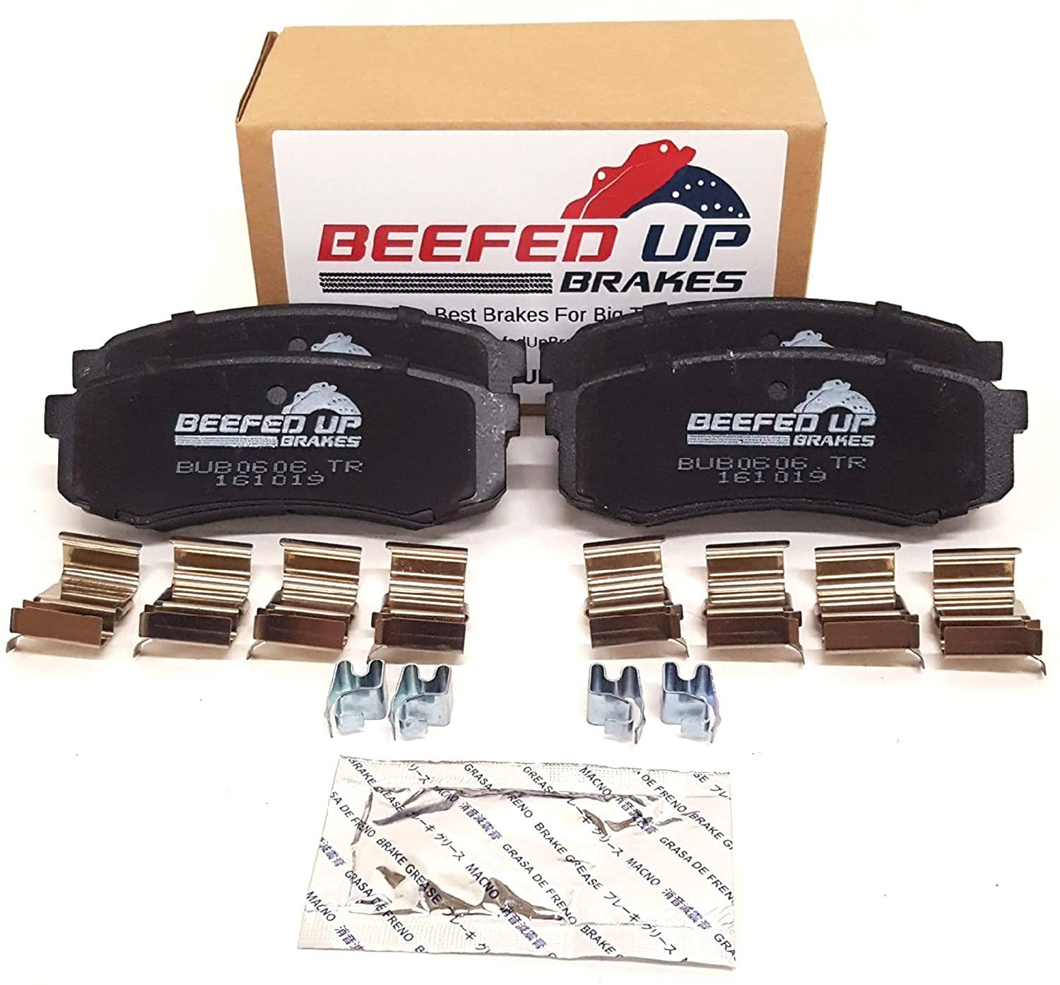 Beefed Up Brakes Premium Trail Rated Rear Ceramic Brake Pad Kit w/hardware and grease Compatible with Toyota 4Runner, Toyota FJ Cruiser & Toyota Land Cruiser