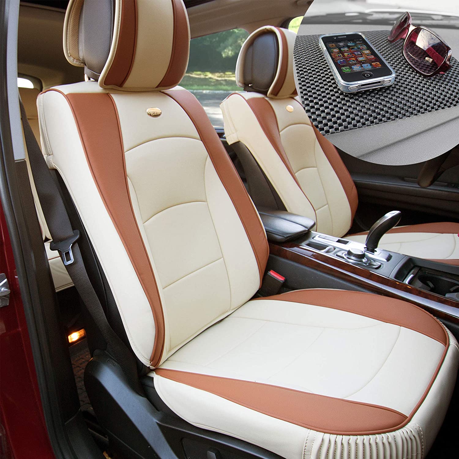 TLH Ultra Comfort Leatherette Seat Cushions Front, Beige Tan Color w/Non Slip Dash Mat