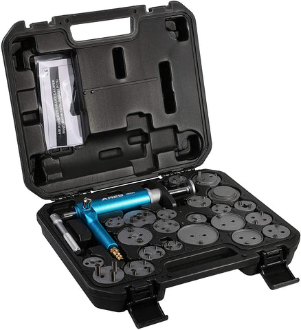 ARES 18023-23-Piece Brake Caliper Wind Back Tool Set - Pneumatic Design for Easy One-Person Use - Includes Compressor Tool and 22 Drive Key Disc Adapters - Storage Case Included