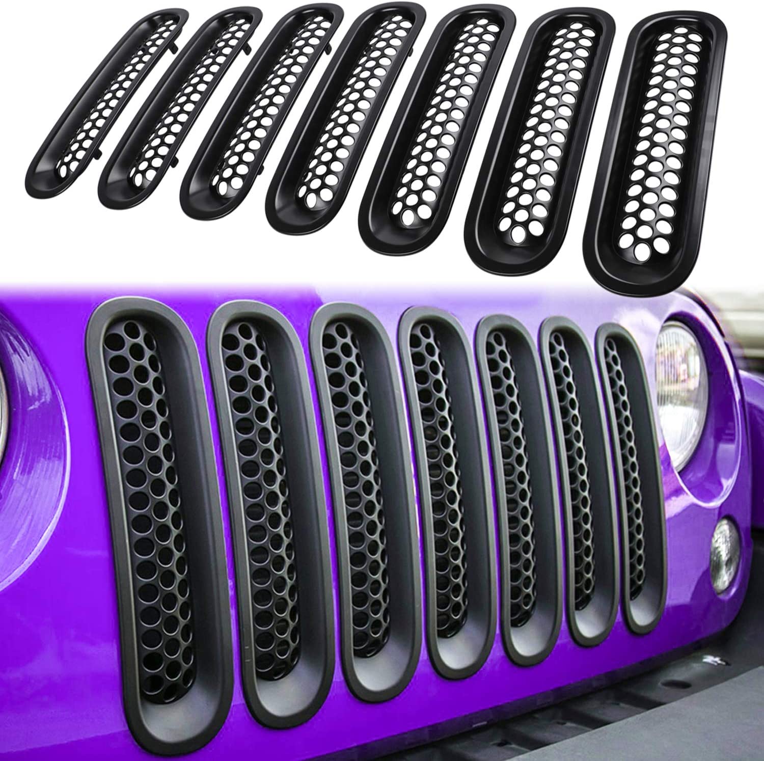 E-cowlboy 7PCS Front Grill Mesh Inserts Clip-in Grille Guard for 2007~2017 Jeep Wrangler JK JKU Unlimited Rubicon Sahara (Matte Black)