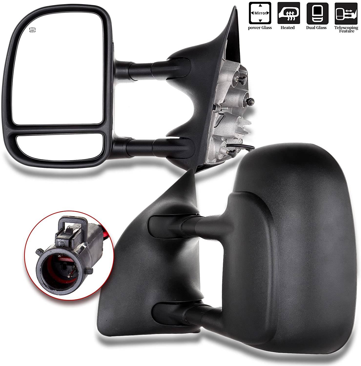 ROADFAR Towing Mirrors Fit For 1999-2007 For Ford F250/F350/F450/F550 2001-2005 For Ford Excursion Super Duty Tow Mirrors Power Heated No Light with Conversion Plug Black Textured Manual Telescoping