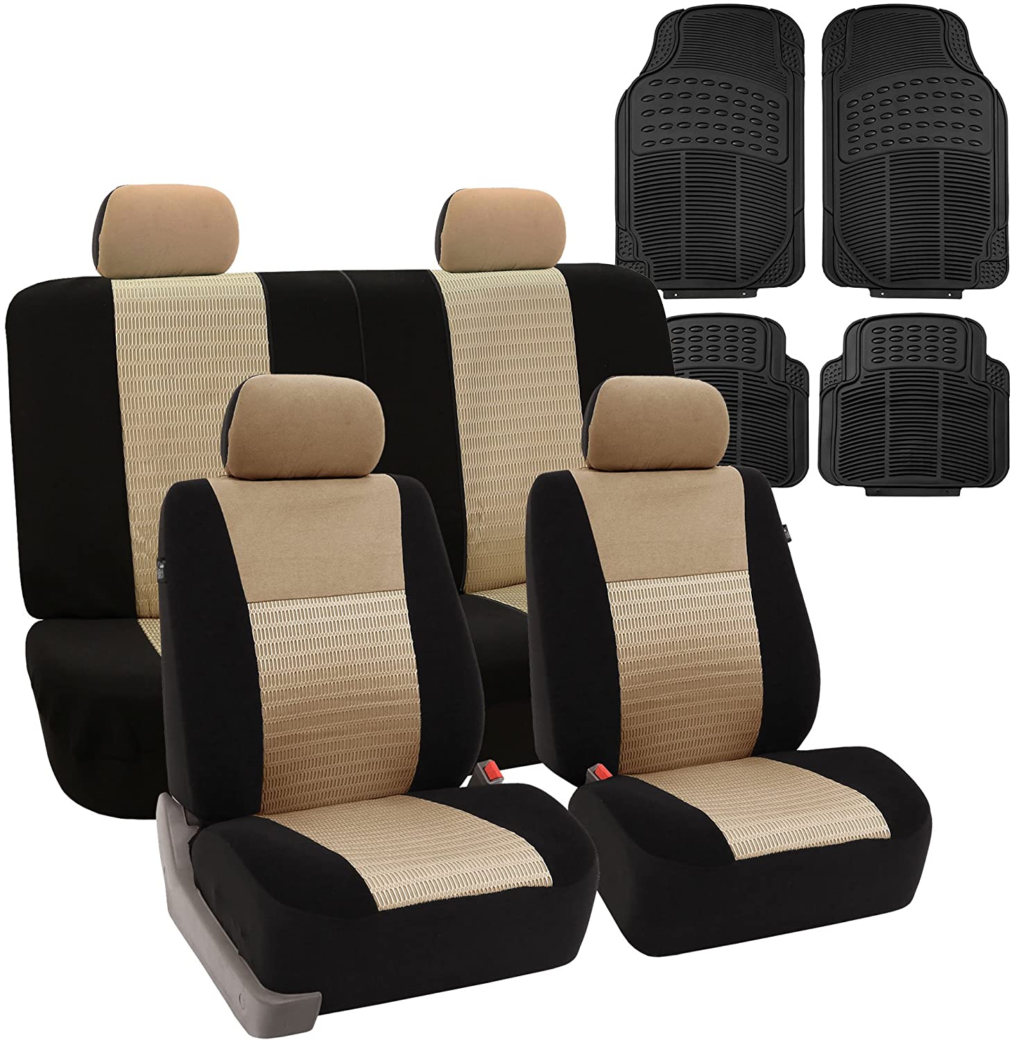 FH-FB060102 Trendy Elegance Car Seat Cover, Airbag & Split Ready w. FH3022 Silicone Steering Wheel Cover, Gray/Black Color - Fit Most Car, Truck, SUV, or Van