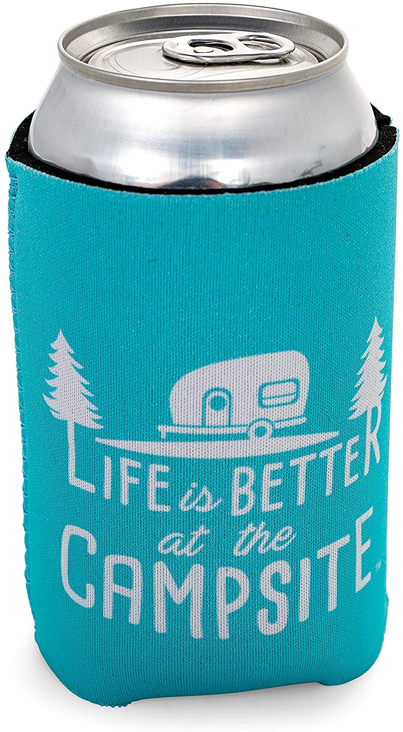Camco 53309 Life is Better at the Campsite Skinny Can Sleeve, 4 Pack - Keep Your Drinks Cold While Keeping Your Hands Warm - Includes (4) Unique RV-Themed Designs