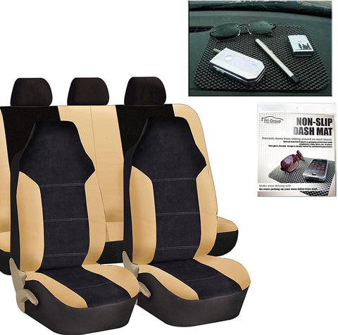 FH Group FH-FB103115 Leather/Velour High Back Car Seat Covers Beige/Tan (Full Set Airbag Ready and Split Rear Bench) FH1002 Non-Slip Dash Grip Pad-Fit Most Car, Truck, SUV, or Van