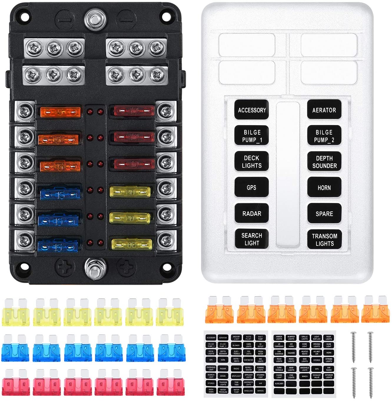 Kohree 12-Way 12V Blade Fuse Block, 12 Volt Automotive Fuse Box Holder Waterproof with Negative Bus 5A 10A 15A 20A Fuse Panel LED Indicator for Auto, RV, Car, Boat, Marine, Truck