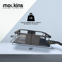 Mockins Steel Cargo Basket | 60" L X 20" W X 6" H Hitch Mount Cargo Carrier with Cargo Bag and Net | with a Hauling Weight of 500 lbs & a Folding Arm to Preserve Space When Not in Use