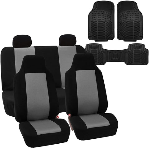 FH Group FH-FB102114 Full Set Classic Cloth Car Seat Covers Gray/Black Color with F11306 Vinyl Floor Mats - Fit Most Car, Truck, SUV, or Van