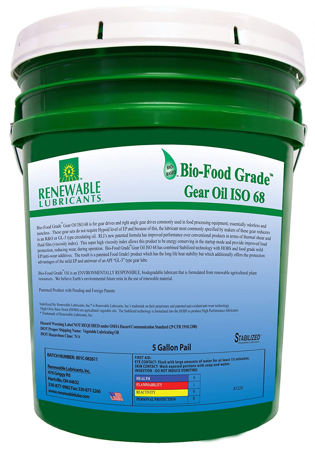 Renewable Lubricants Bio-Food Grade ISO 68 Gear Oil, 5 Gallon Pail