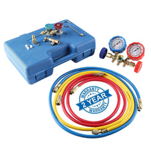3 Way AC Diagnostic Manifold Gauge Set for Freon Charging, Fits R134A R12 R22 and R502 Refrigerants, with 5FT Hose, ACME Tank Adapters, Adjustable Couplers and Can Tap