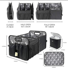 Car Trunk Organizer with Cooler Lid - Front and Back Seat Belt | Bottle, Wipes, Plastic Bag Pockets | Baby Diaper Caddy Organizer with Changing Pad | Backseat Car Organizer Kids Babies Storage Basket