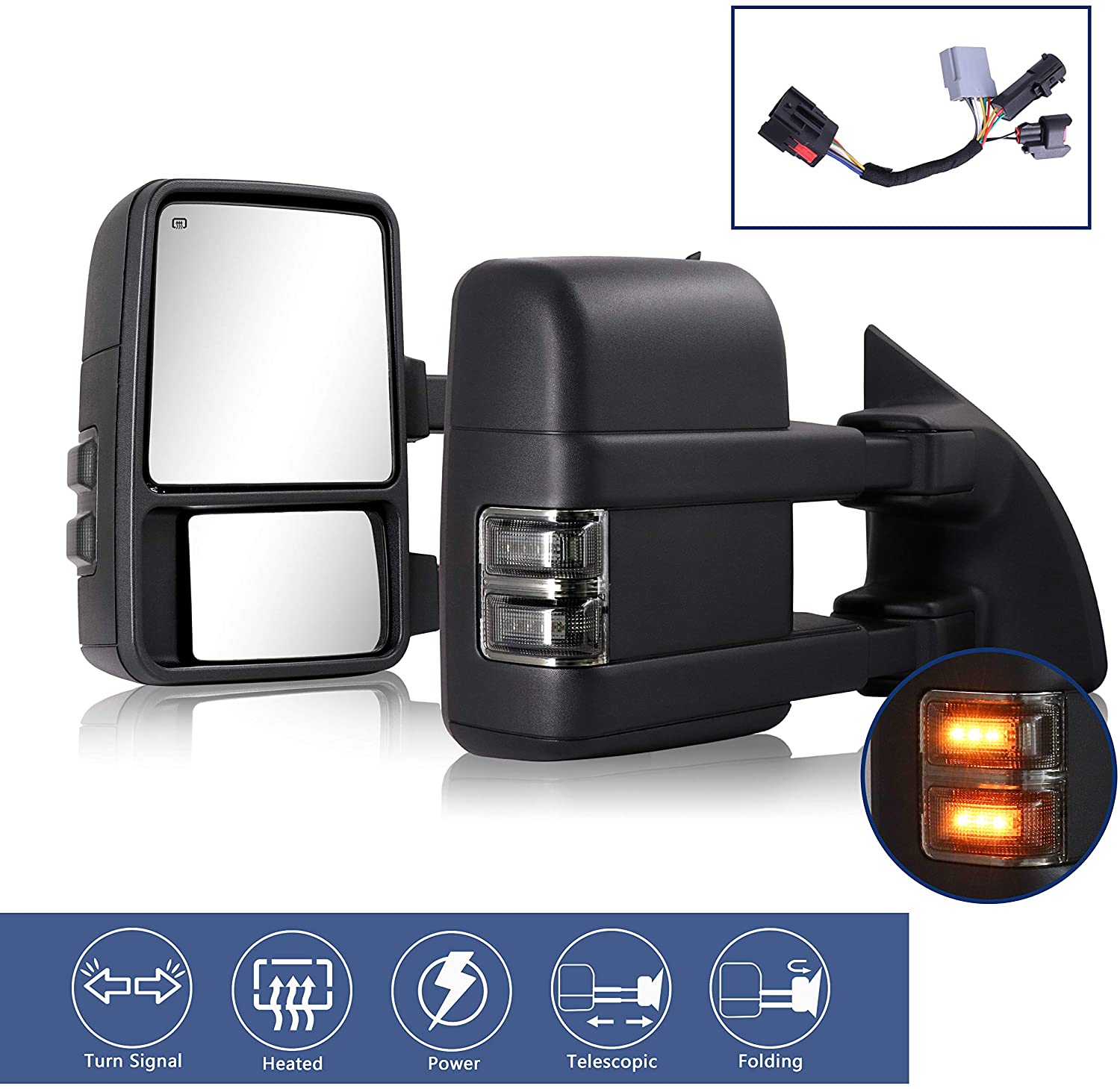 2pcs Towing Mirrors Compatible With 1999-2016 Ford F250 F350 F450 F550 Super Duty Truck Pickup Side Tow Mirrors, Power Heated Extendable Manual telescoping&folding Pair LED Turn Signal Lights Smoke