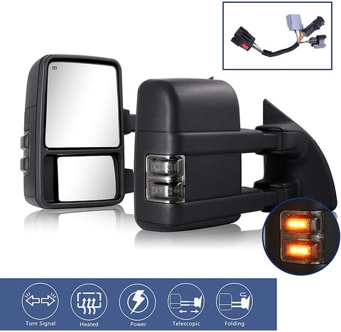 2pcs Towing Mirrors Compatible With 1999-2016 Ford F250 F350 F450 F550 Super Duty Truck Pickup Side Tow Mirrors, Power Heated Extendable Manual telescoping&folding Pair LED Turn Signal Lights Smoke