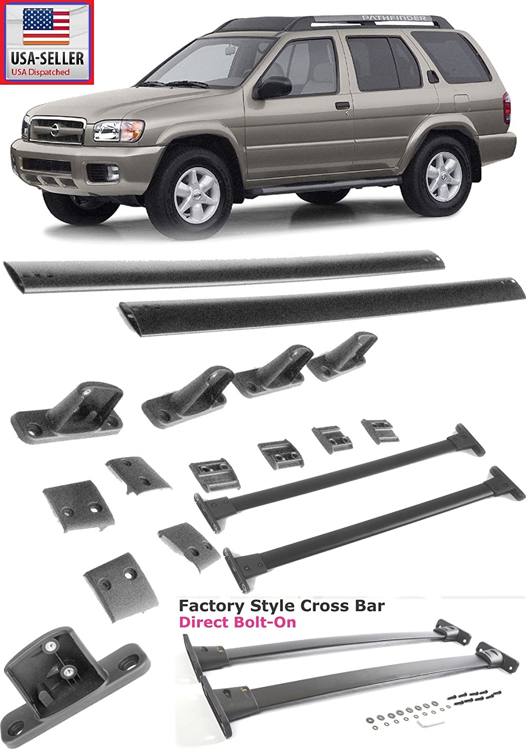 Brand EAX Compatible with 2005 2006 2007 2008 2009 2010 2011 2012 Nissan Pathfinder Replacement for Black Roof Top Rack Rail Cross Bar Set Bolt On Luggage Carrier 2PCS OEM Factory Style 05 06 07 08 0