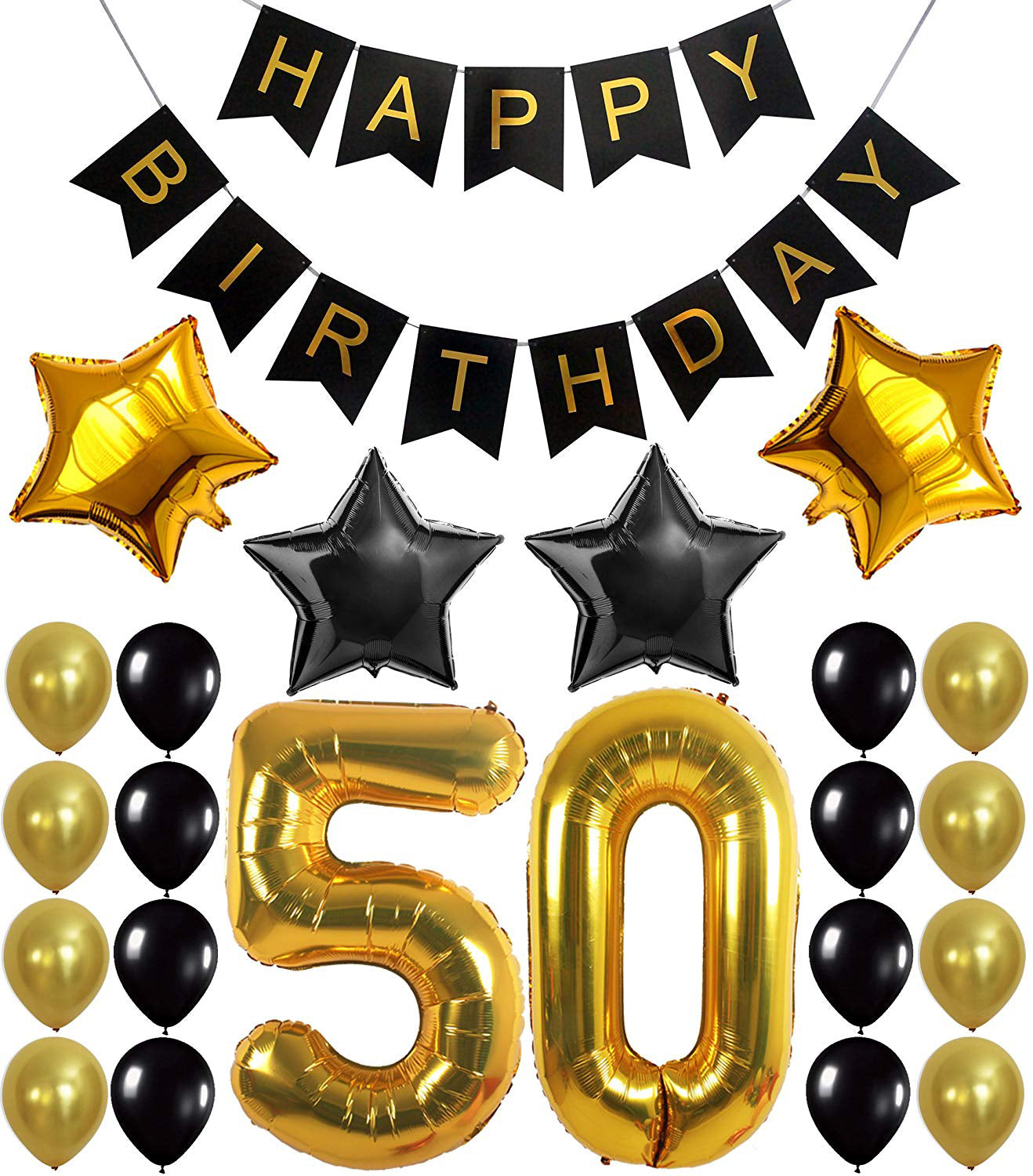 Gold 50th Birthday Decorations Kit – Large, Pack of 26 | Number 5 and 0 Party Balloons Supplies | Black Happy Birthday Banner | Perfect for 50 Years Old Décor